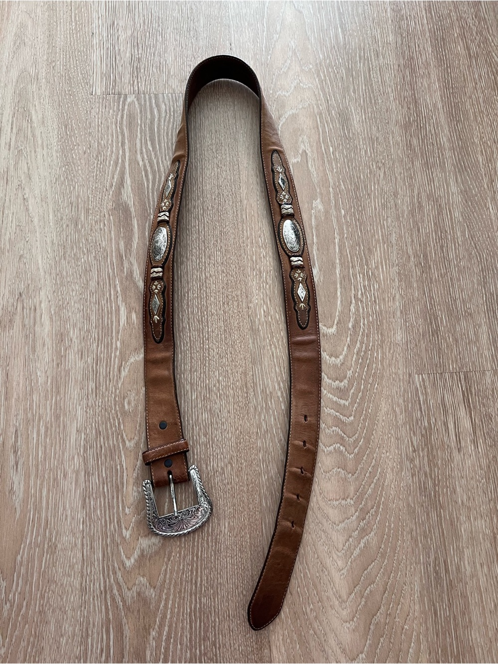 Tony Lama Brown Leather Western-Style Belt with Silver Conchos